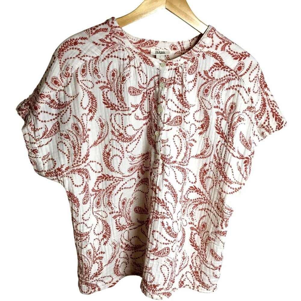 ANA A New Approach Ivory Rust Paisley 100% Cotton Boho Blouse Top L